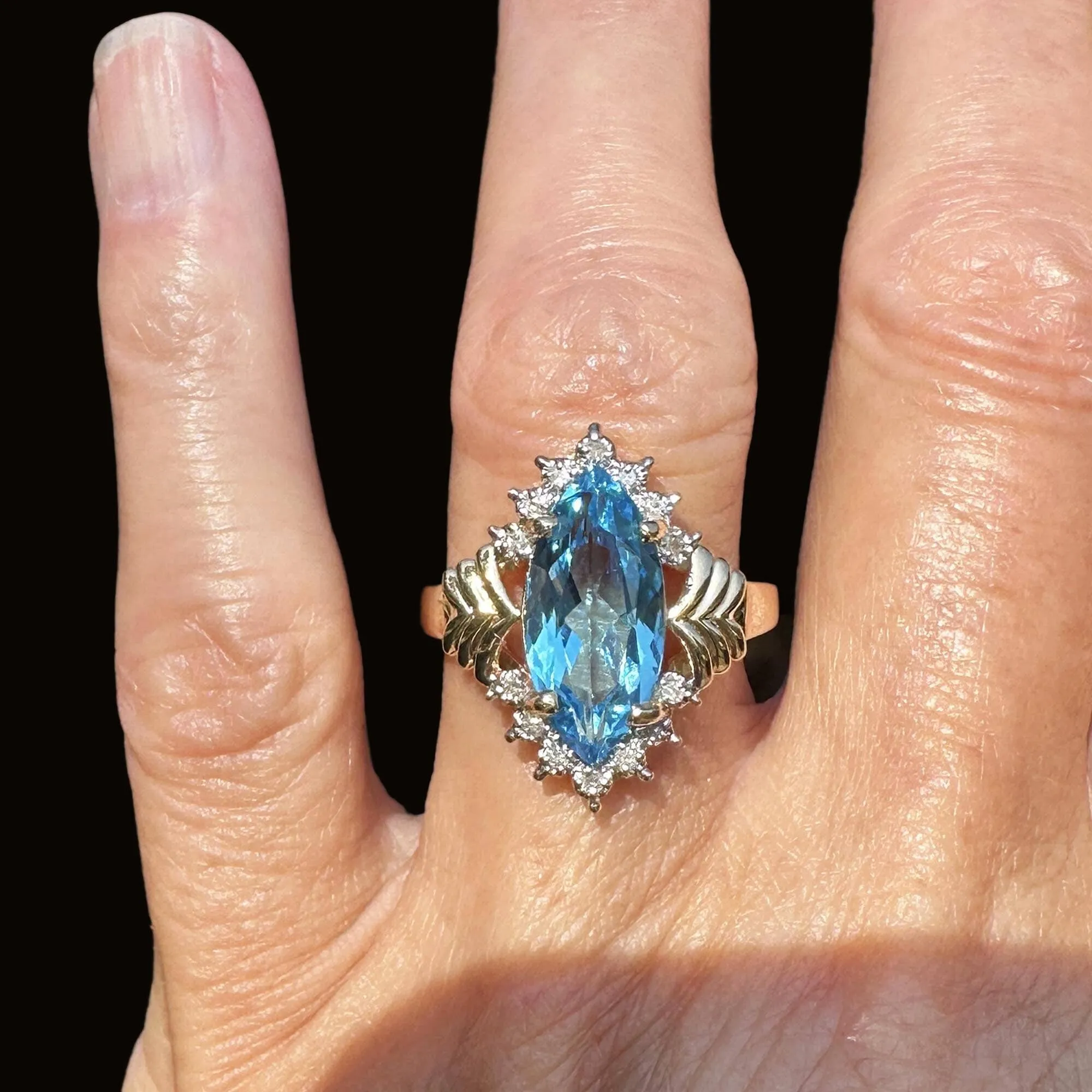 Vintage Gold Marquise Blue Topaz Diamond Cluster Ring