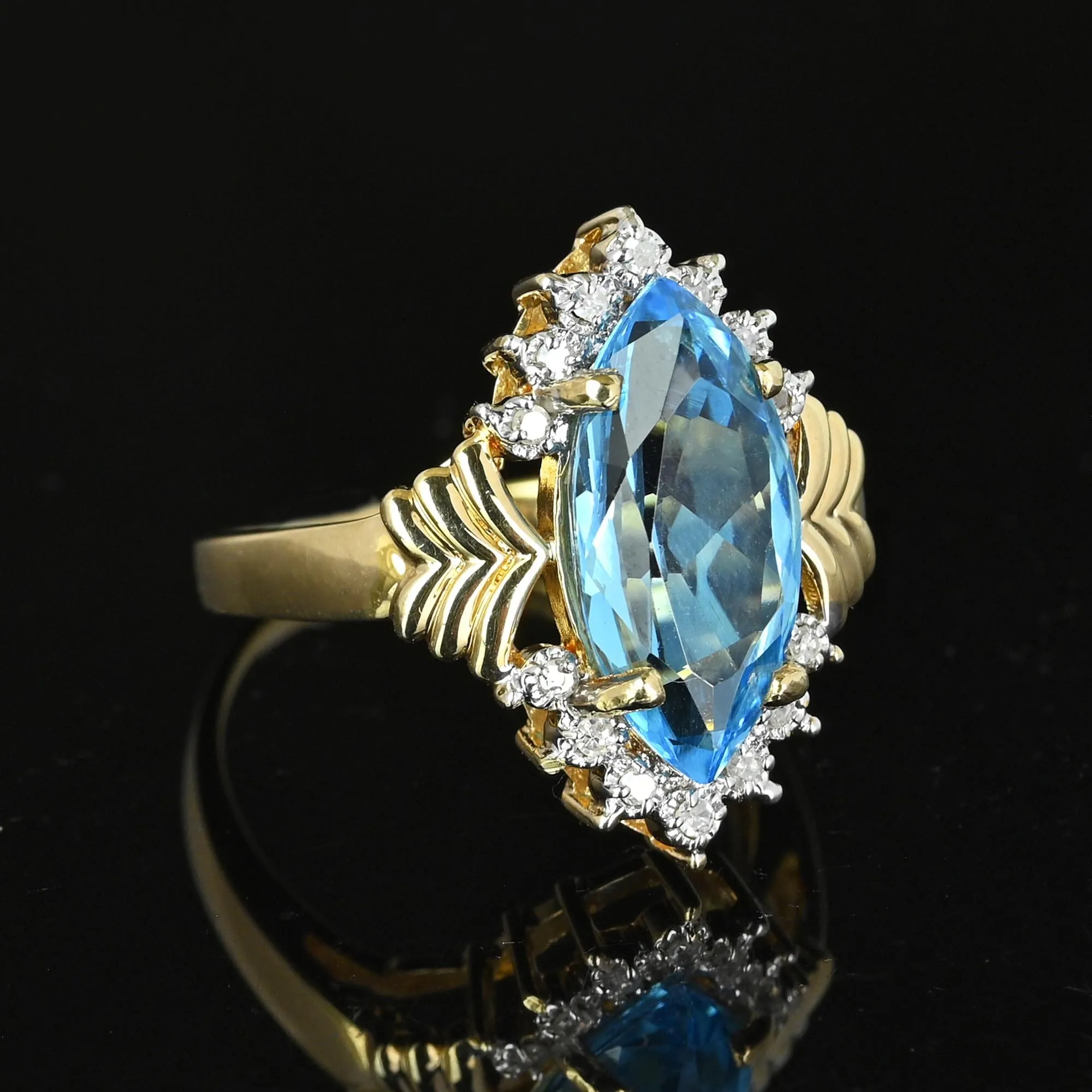 Vintage Gold Marquise Blue Topaz Diamond Cluster Ring