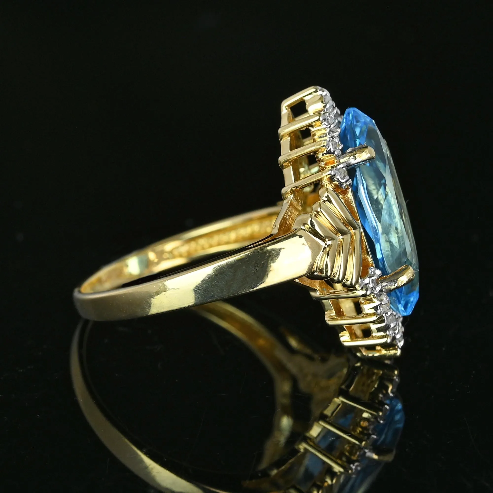 Vintage Gold Marquise Blue Topaz Diamond Cluster Ring