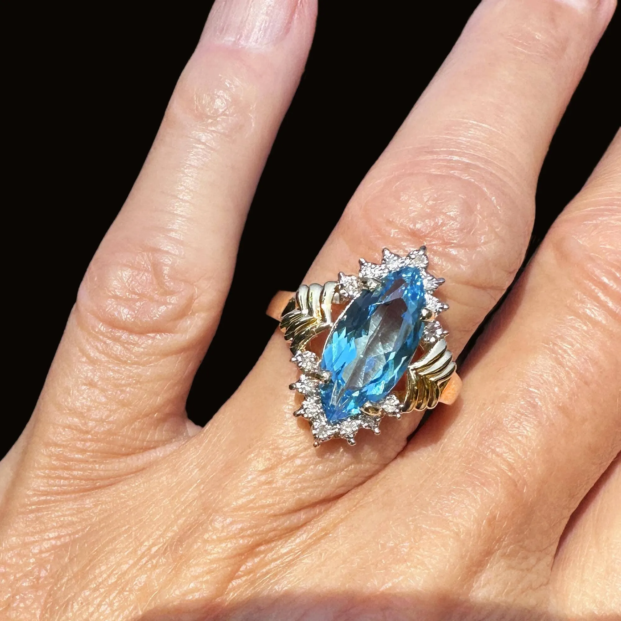 Vintage Gold Marquise Blue Topaz Diamond Cluster Ring