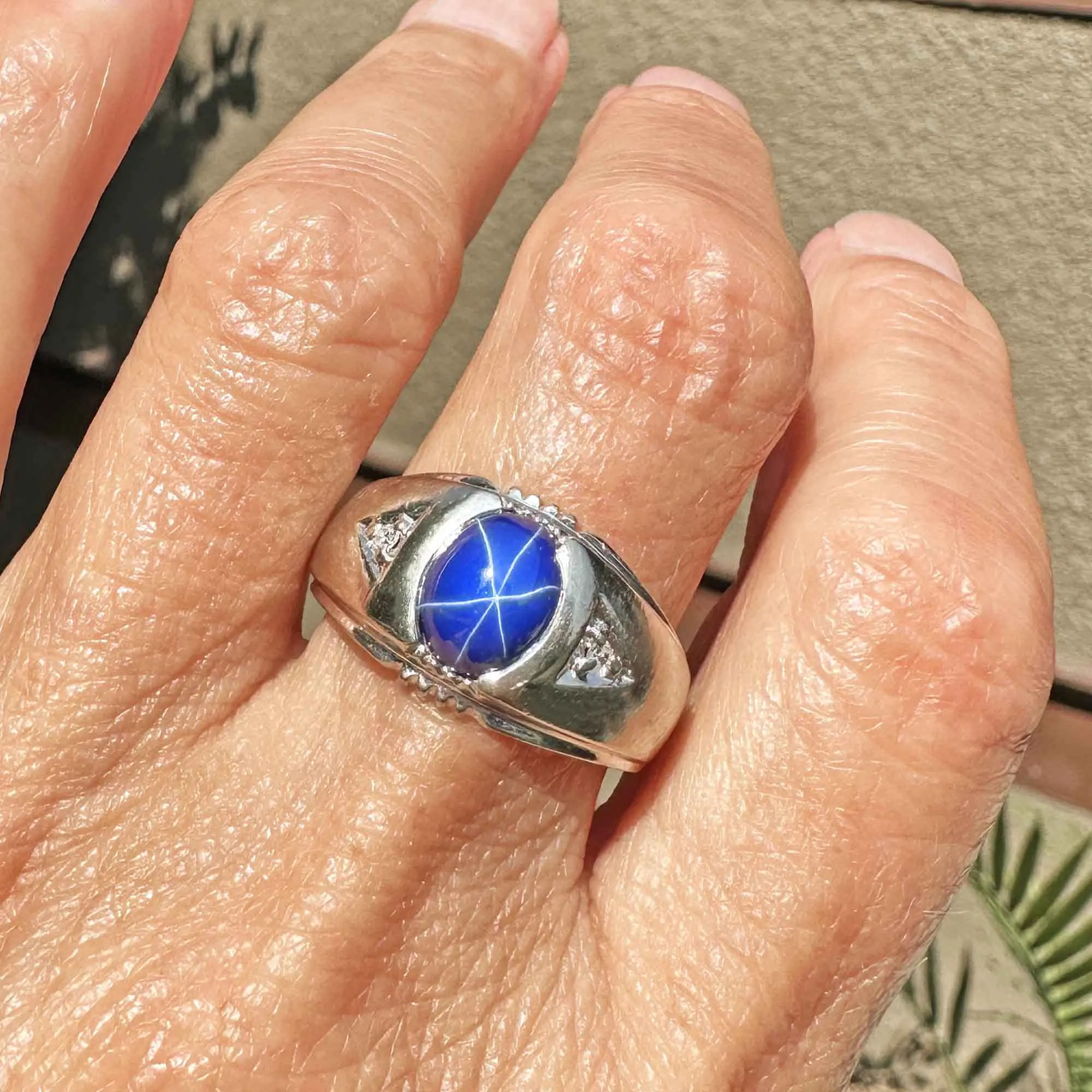 Vintage Mens Diamond Accent Star Sapphire Ring in White Gold