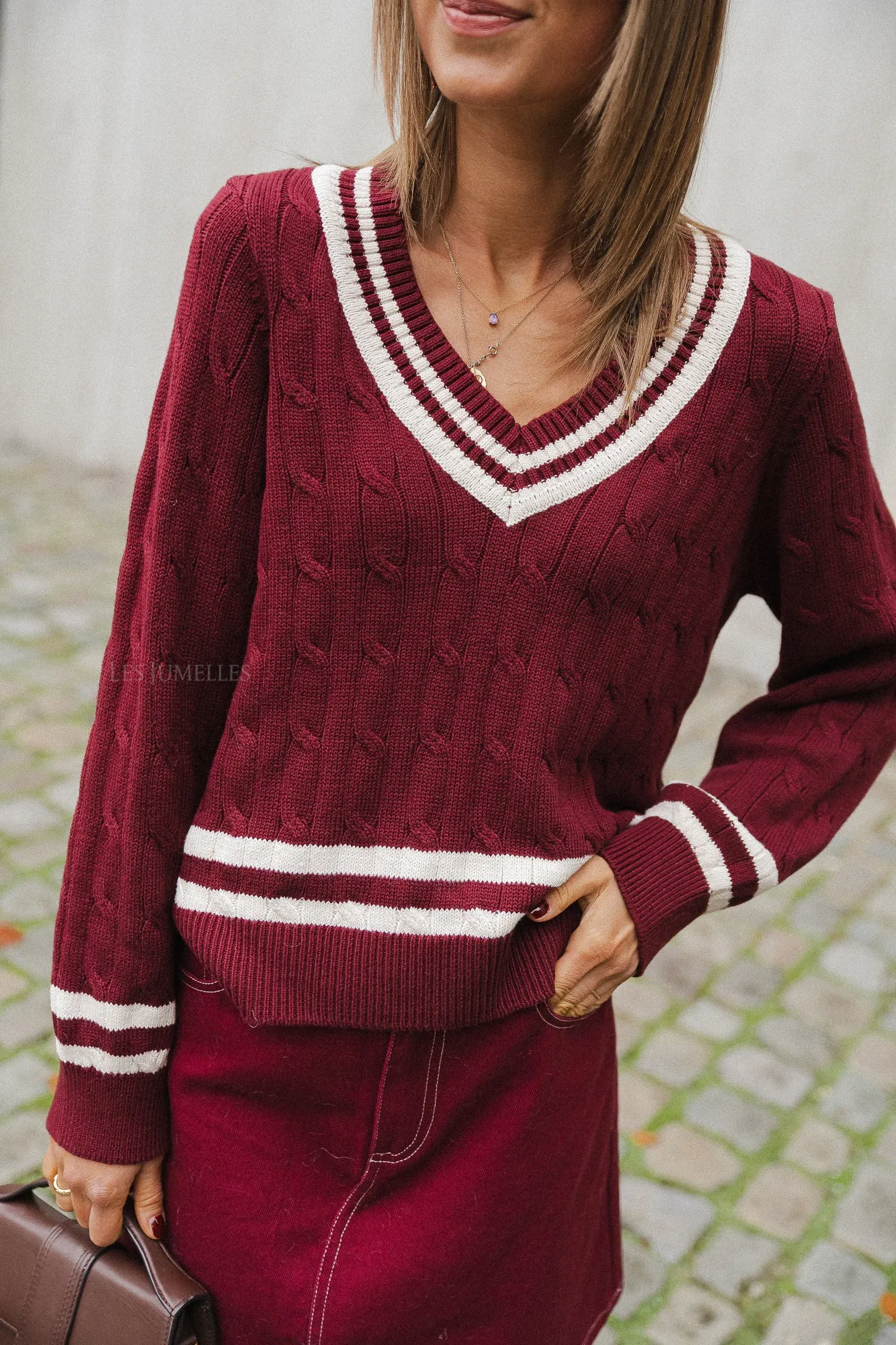 VISena L/S V-neck knit pullover cabernet/birch