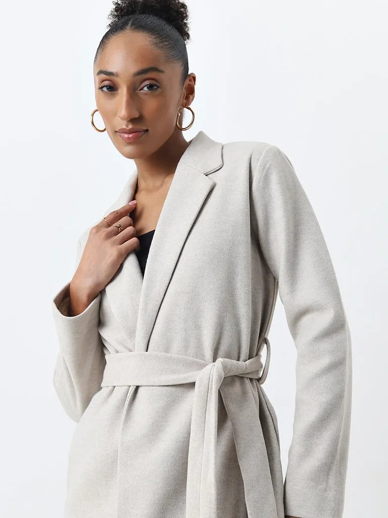 Wardrobe Off-White Solid Long Coat with Belt