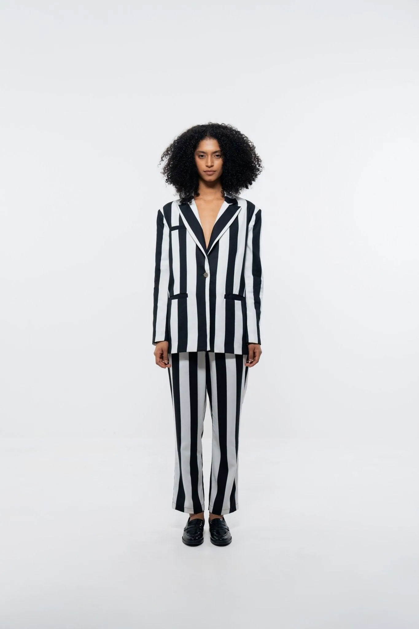 WHITE AND BLACK STRIPE BLAZER AND PANT CO-ORD SET