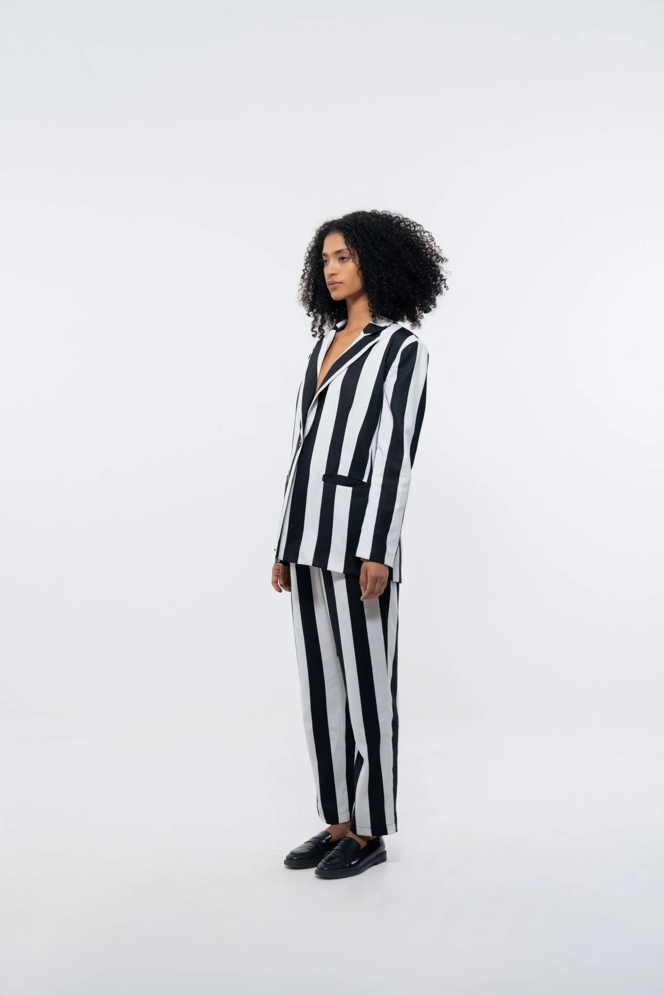 WHITE AND BLACK STRIPE BLAZER AND PANT CO-ORD SET