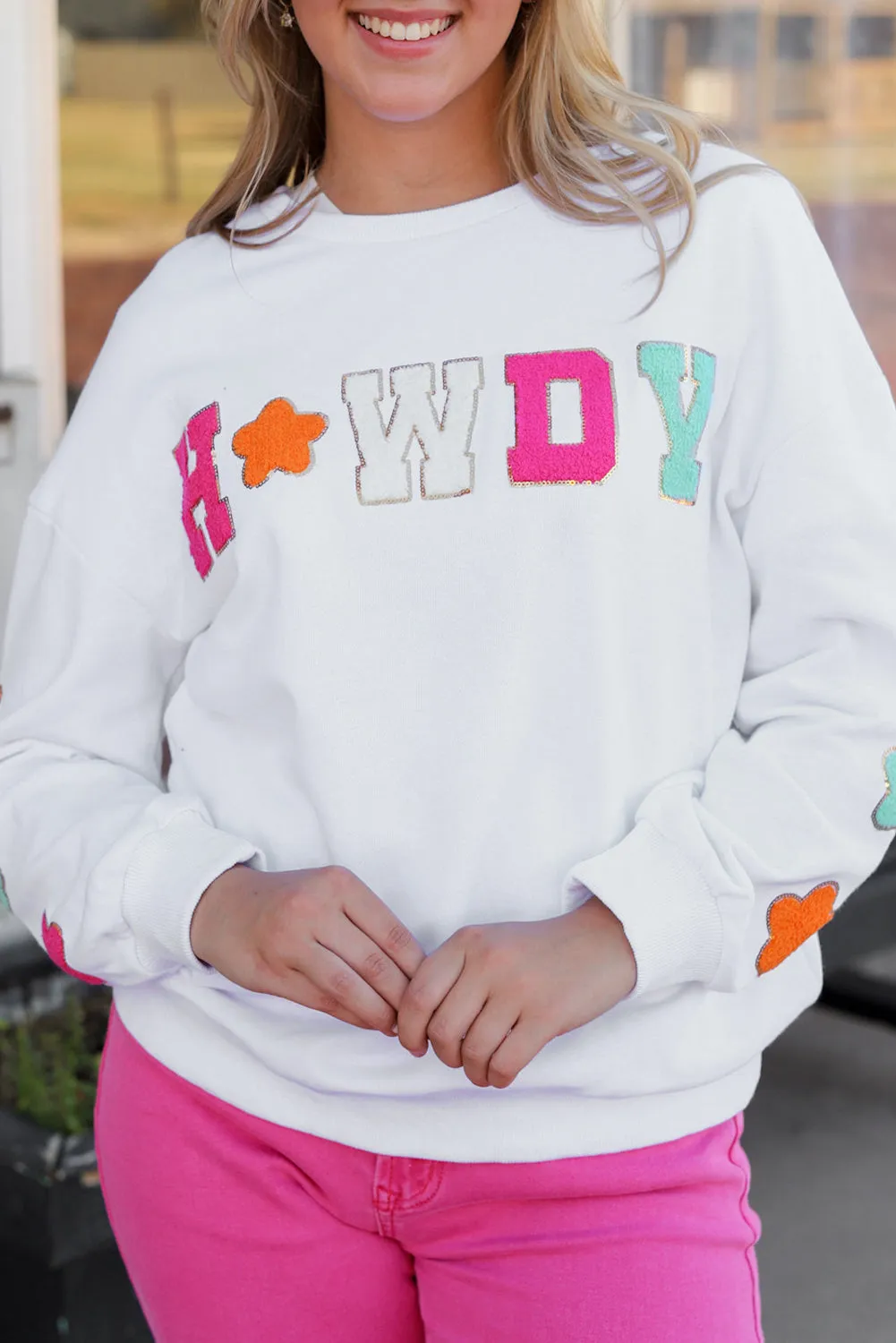 White Howdy Glitter Chenille Patch Graphic Casual Sweatshirt