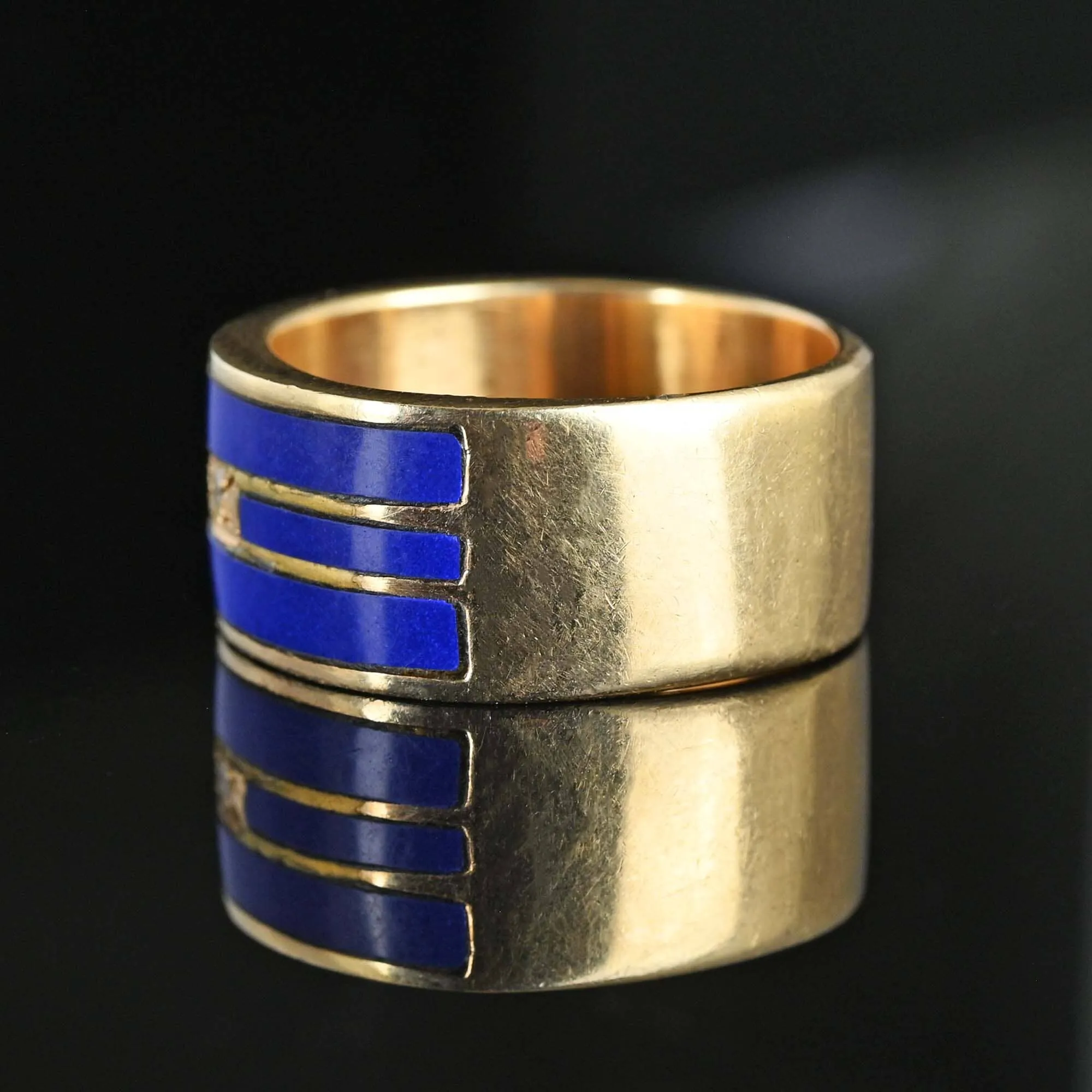 Wide 14K Gold European Diamond Enamel Ring Band