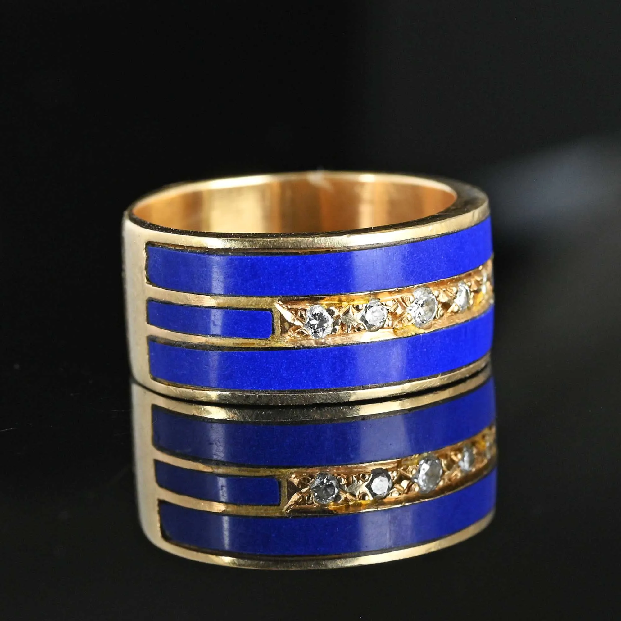 Wide 14K Gold European Diamond Enamel Ring Band