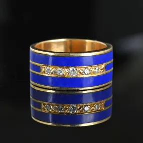 Wide 14K Gold European Diamond Enamel Ring Band