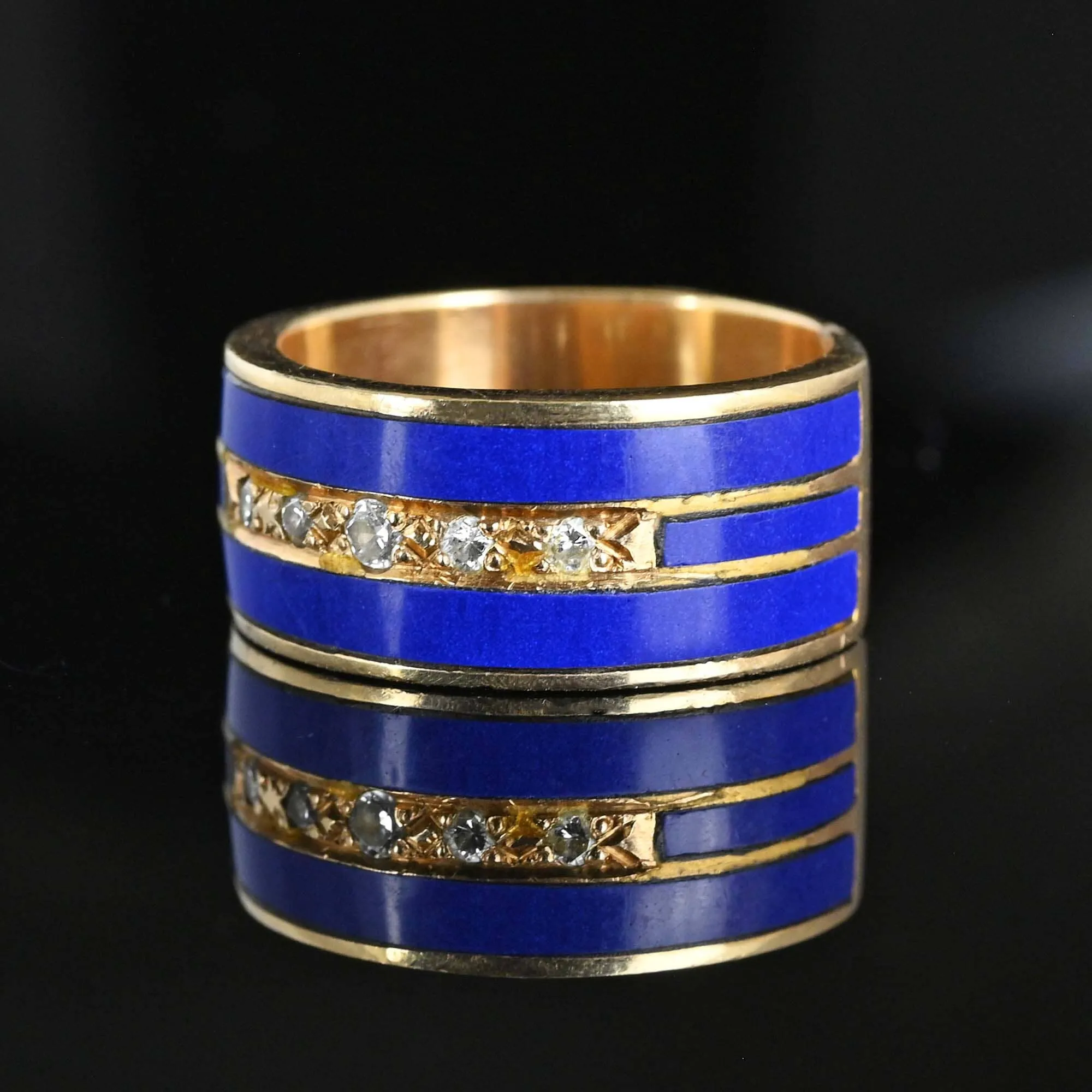 Wide 14K Gold European Diamond Enamel Ring Band