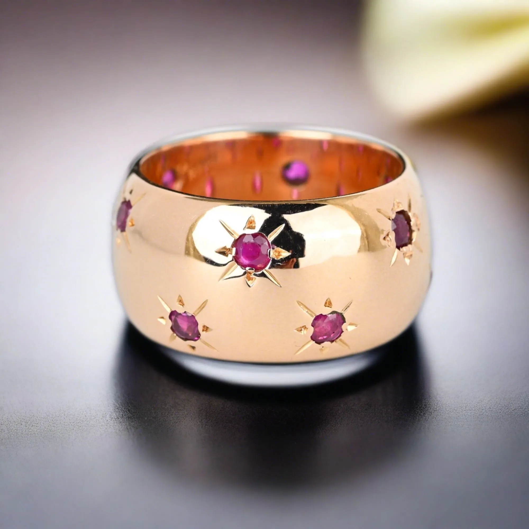 Wide 14K Rose Gold Ruby Eternity Ring Band, Star Engraved