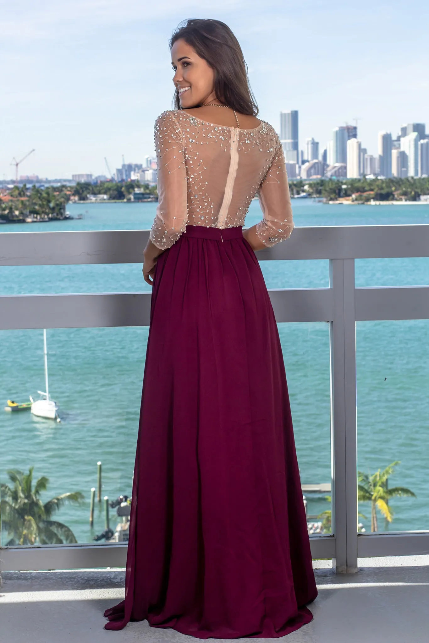 Wine Maxi Dress with Silver Jewels and 3/4 Sleeves