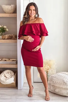 Wine Off Shoulder Maternity Short Dress