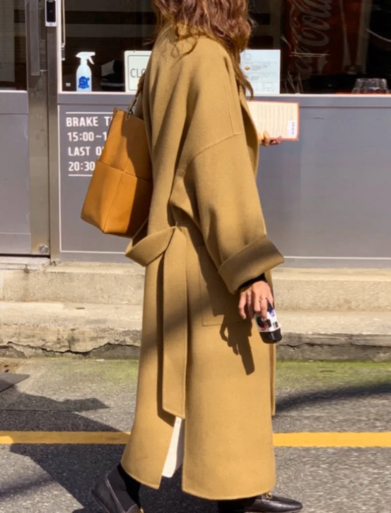 Winter Coat, Wool Coat, Long Wool Coat Women, Robe Coat Reina in Camel Gray and Black