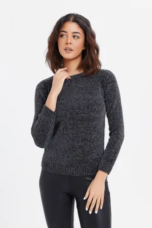 Women Black Chenille Pullover