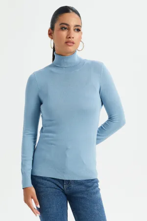 Women Blue Turtle Neck Pullover