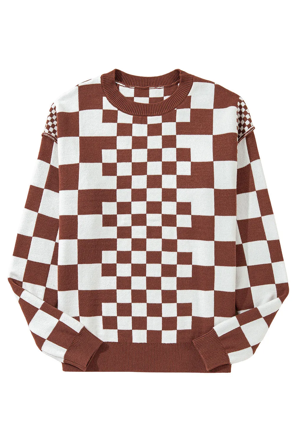 Women Checkered Print Loose Fit Pullover Drop Shoulder Round Neck Sweater