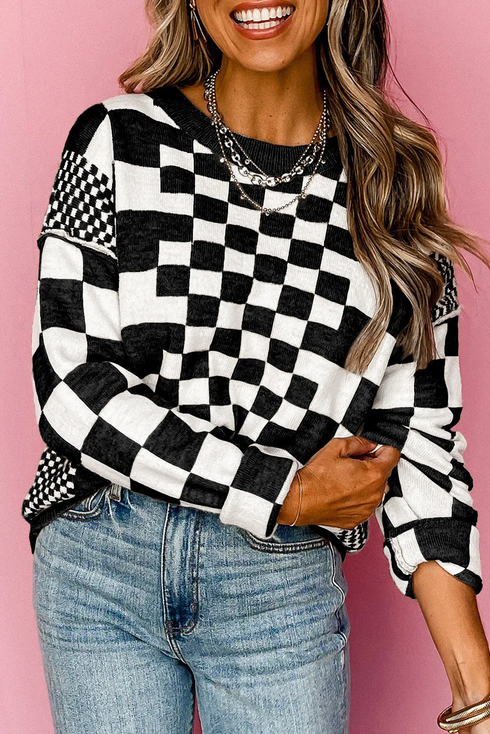 Women Checkered Print Loose Fit Pullover Drop Shoulder Round Neck Sweater