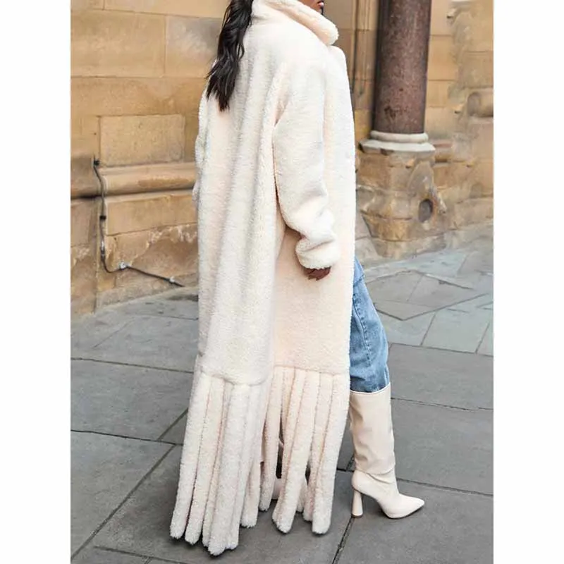 Women Long Warm Coat Tassel Patchwork Winter Coat in Ivory, Brown Color