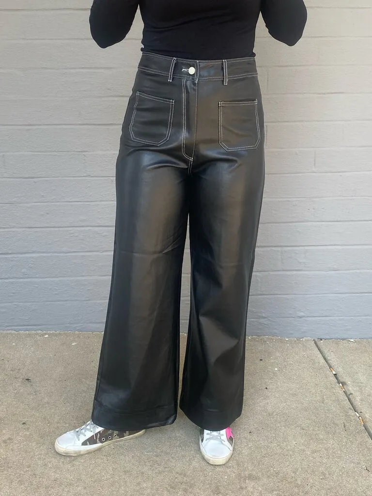 Women's Black Faux Leather Wide Leg Pants