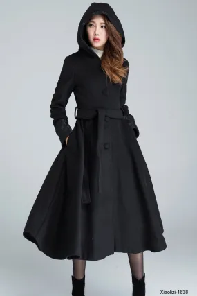 womens black long wool  trench coat for winter with hood 1638#