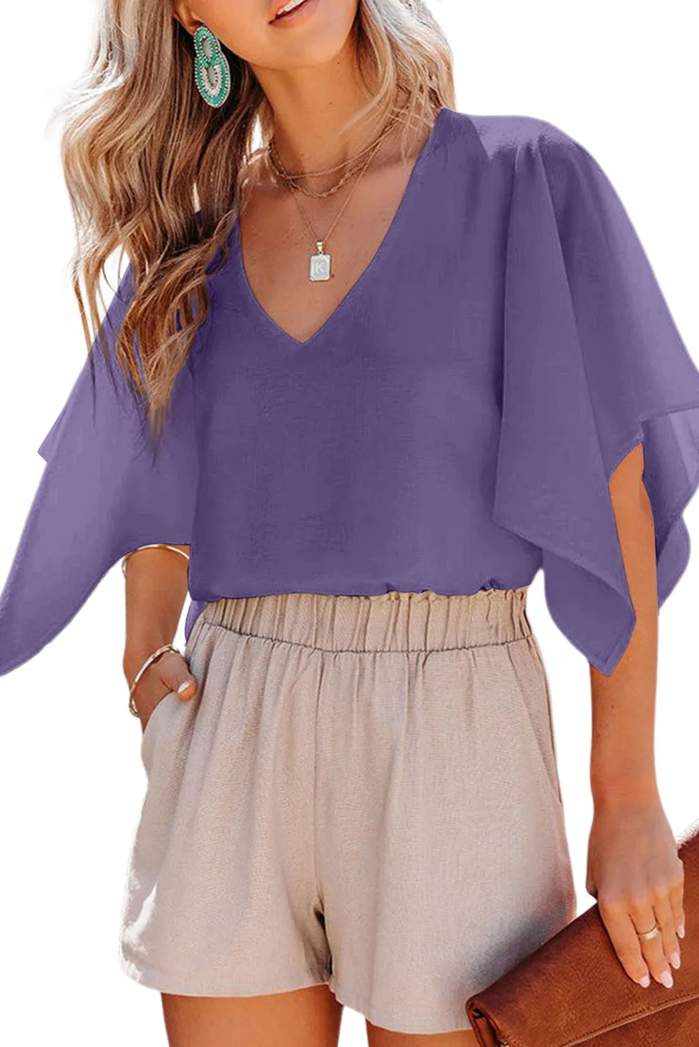 Women's Blouses Casual V Neck Ruffle Short Sleeve Summer Tops Shirts