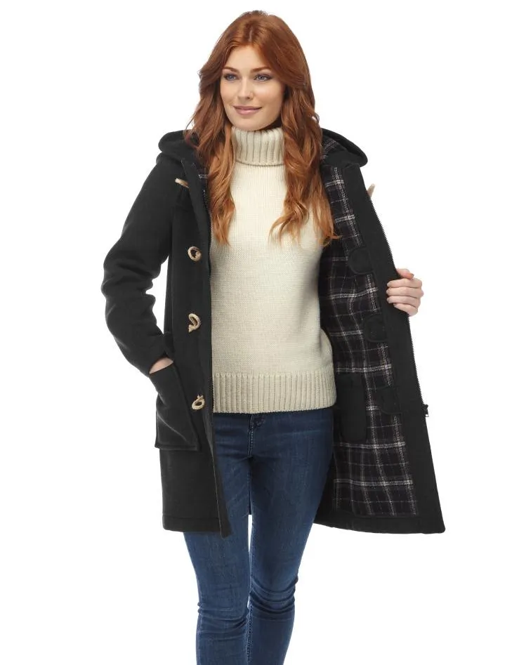 Women's Classic Fit Duffle Coat with Wooden Toggles - Charcoal