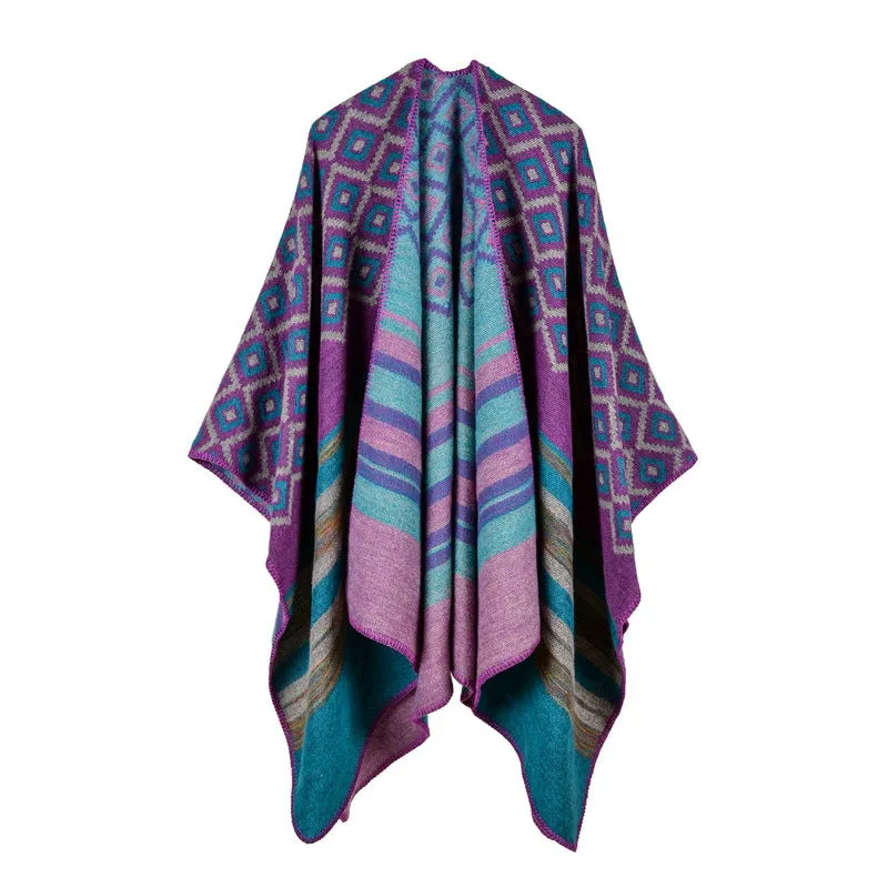 Women's diamond colored striped shawl, high-end women's double-sided travel cloak