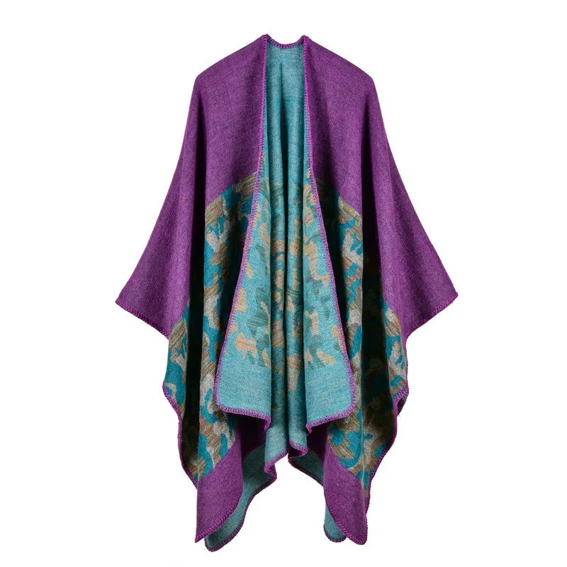 Women's diamond colored striped shawl, high-end women's double-sided travel cloak