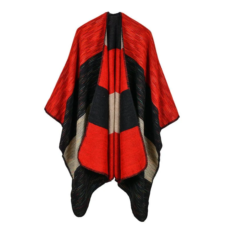 Women's diamond colored striped shawl, high-end women's double-sided travel cloak