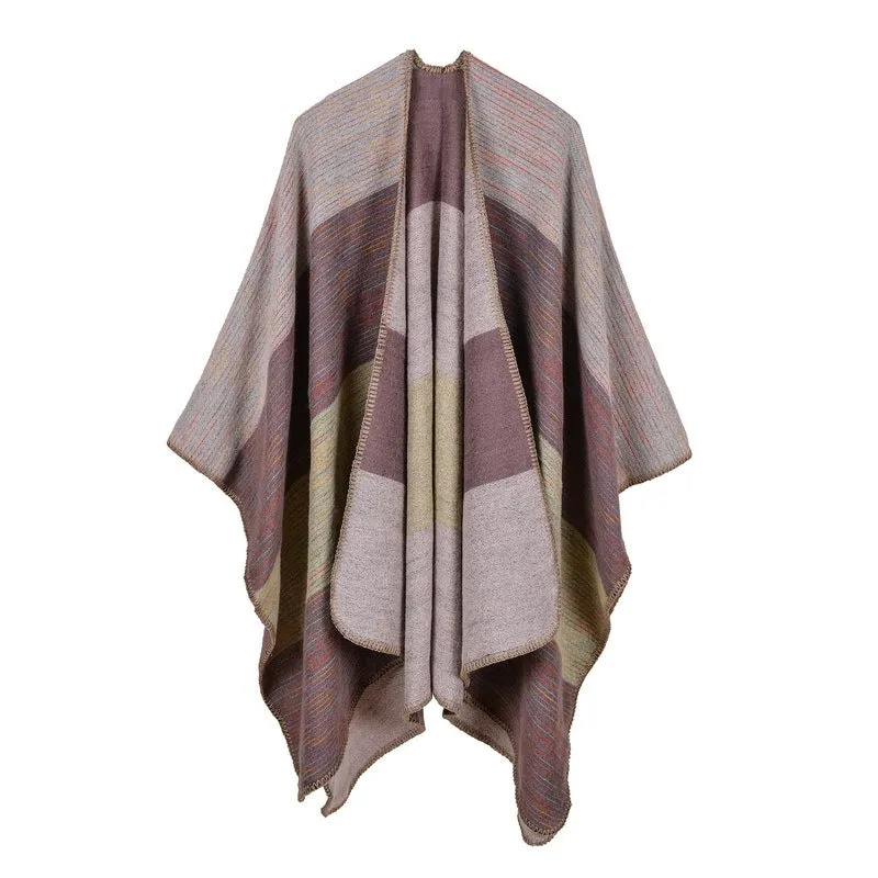 Women's diamond colored striped shawl, high-end women's double-sided travel cloak