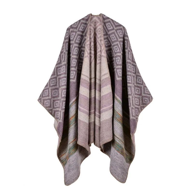 Women's diamond colored striped shawl, high-end women's double-sided travel cloak