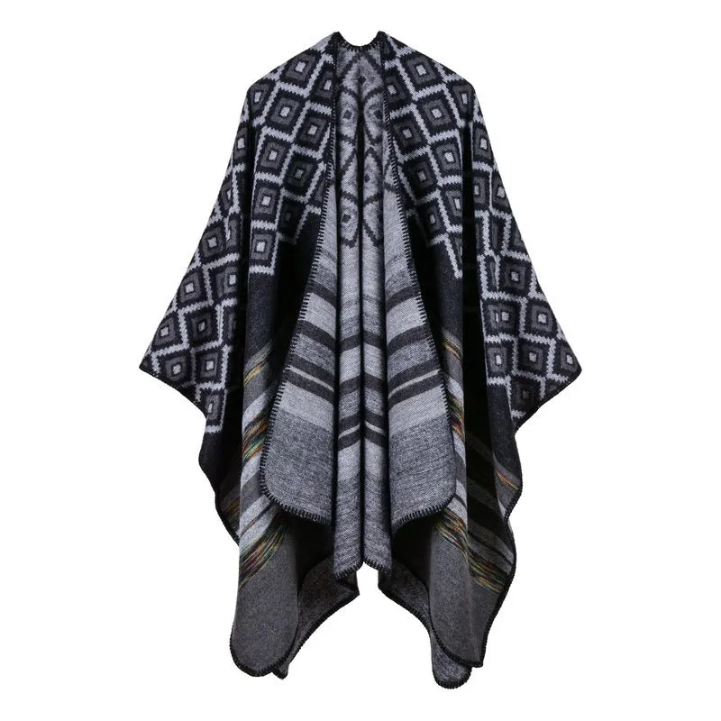 Women's diamond colored striped shawl, high-end women's double-sided travel cloak