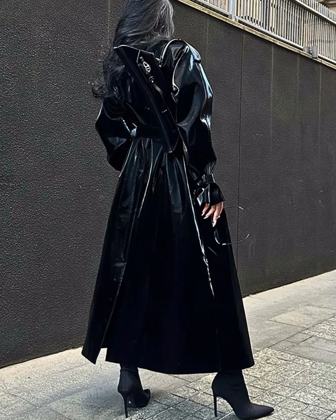 Women's Elegant Black Oversized Faux Leather Coat