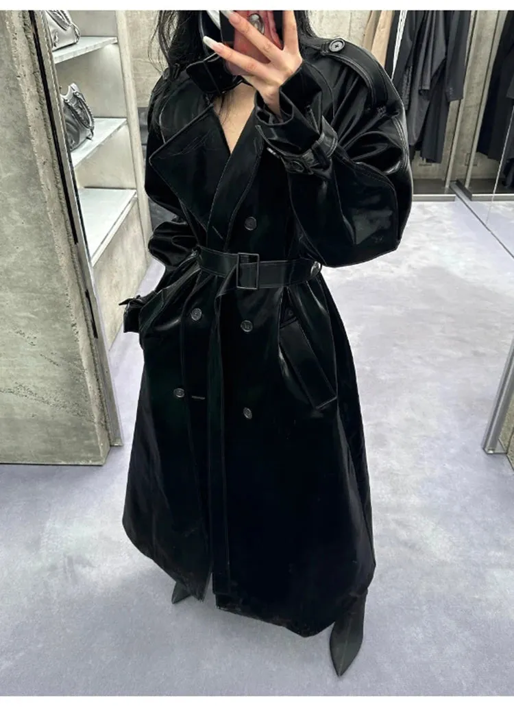 Women's Elegant Black Oversized Faux Leather Coat