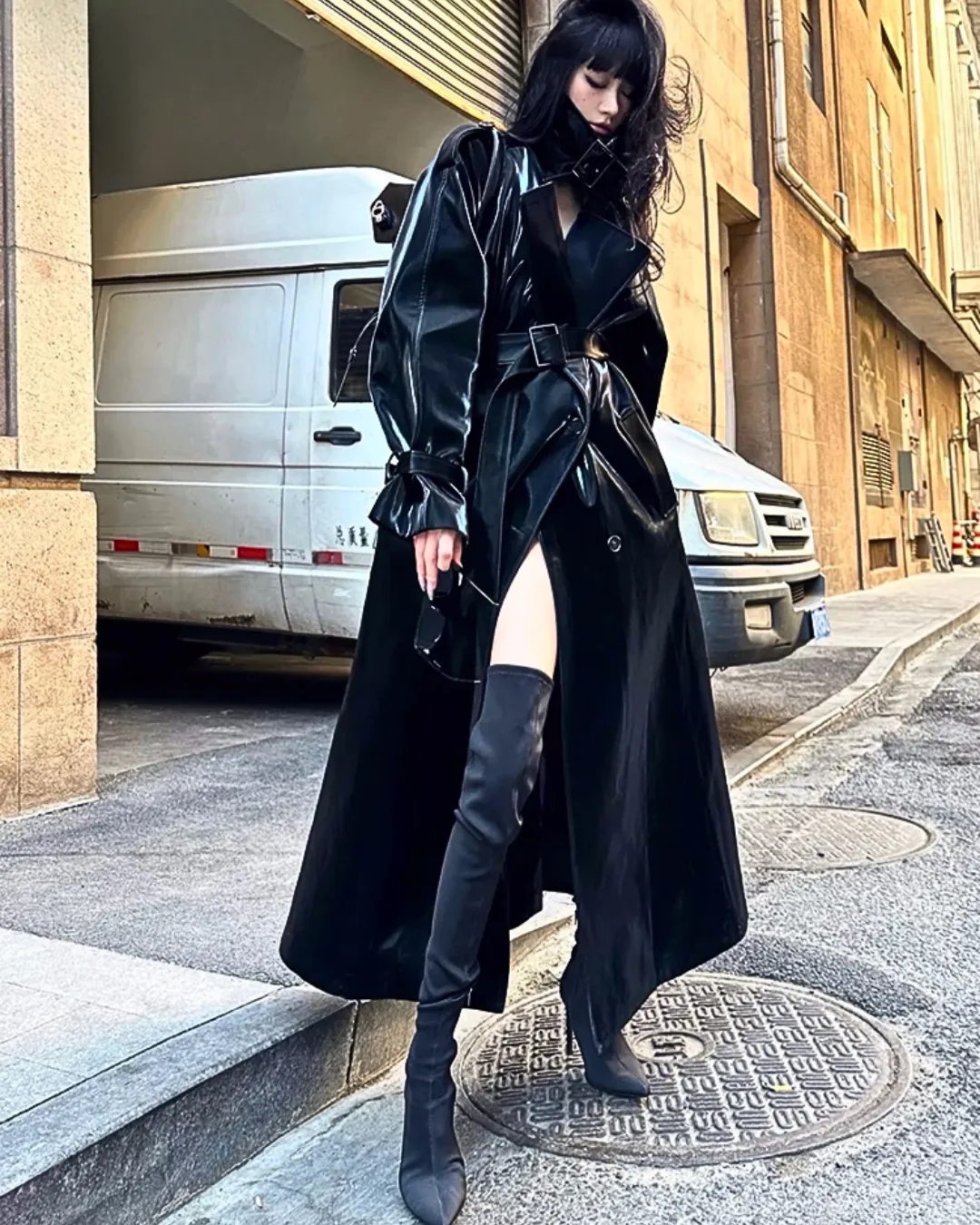 Women's Elegant Black Oversized Faux Leather Coat