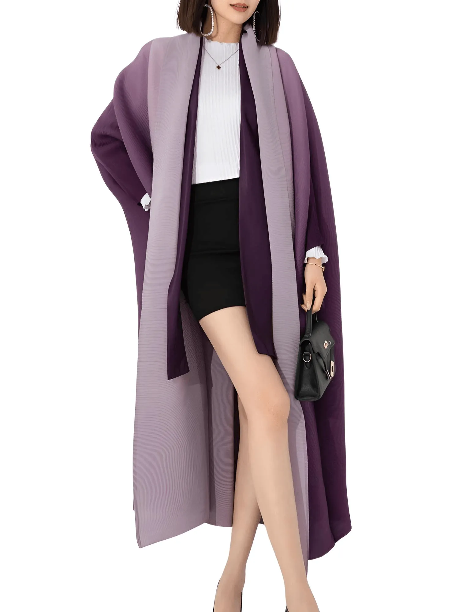 Women's Gradient Pleated Jacket Bat Sleeve Scarf Collar Long Jacket Female Fashion Clothing