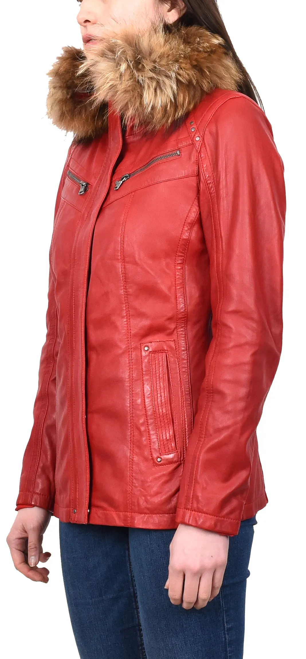 Women's Leather Jacket with Detachable Collar Red Allis