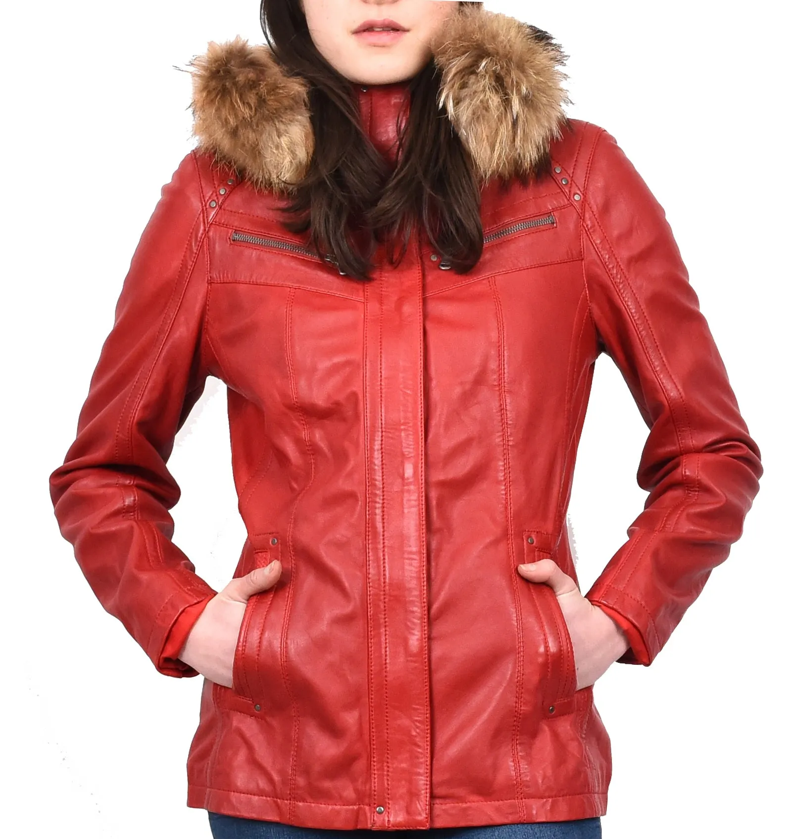 Women's Leather Jacket with Detachable Collar Red Allis