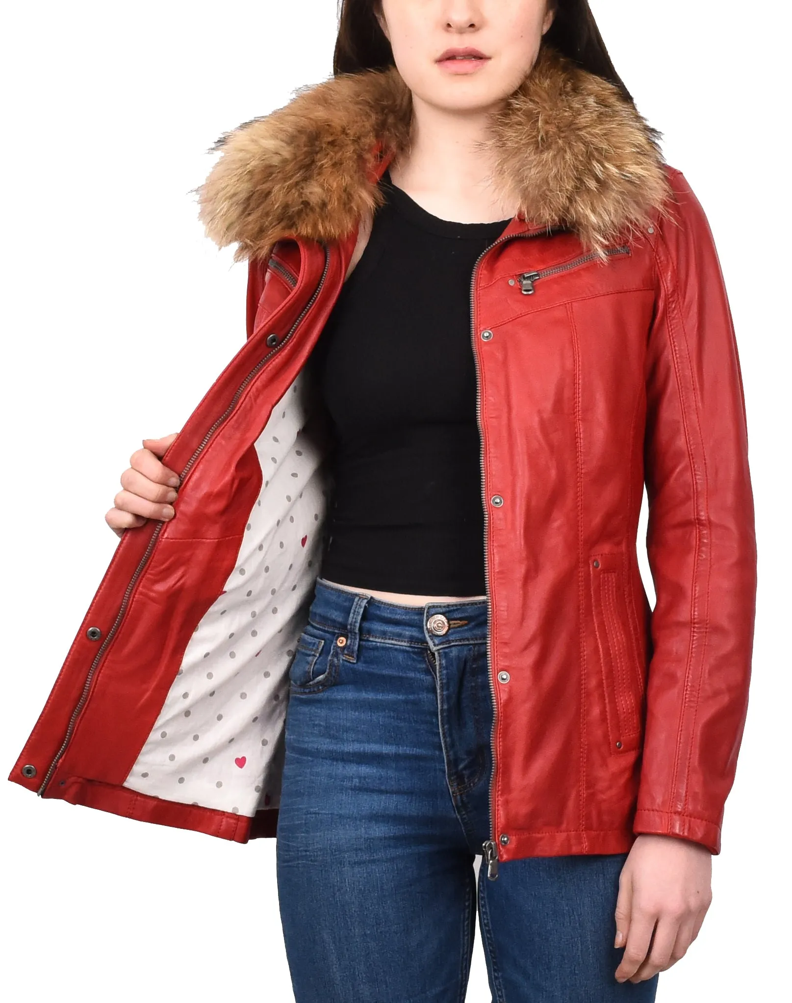 Women's Leather Jacket with Detachable Collar Red Allis