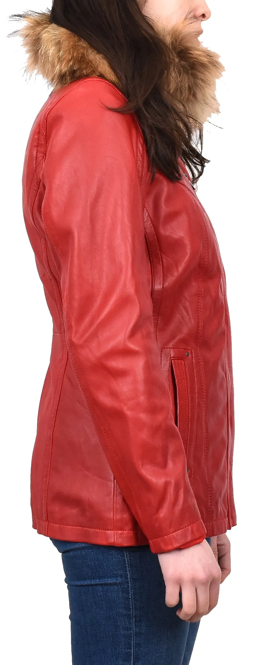 Women's Leather Jacket with Detachable Collar Red Allis