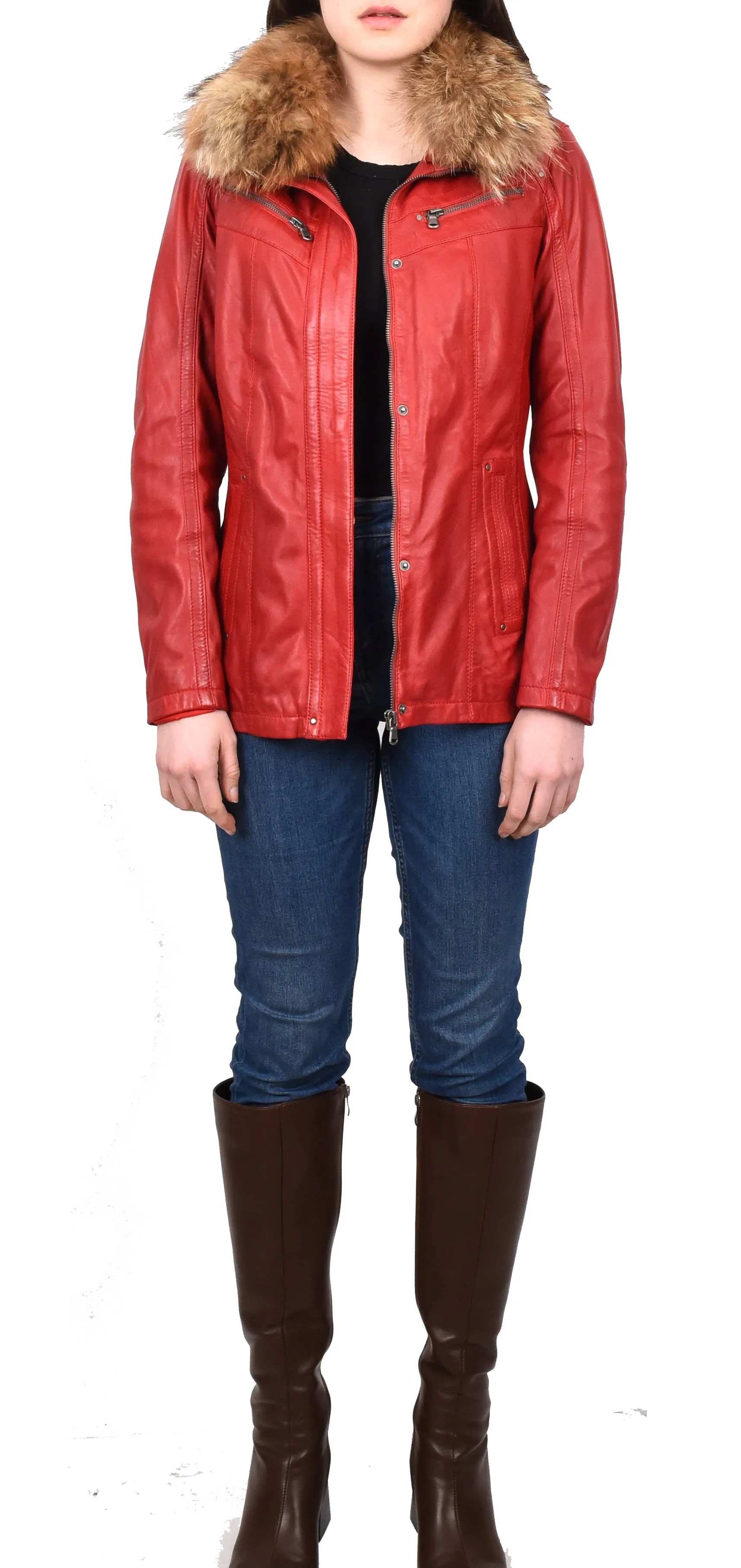 Women's Leather Jacket with Detachable Collar Red Allis