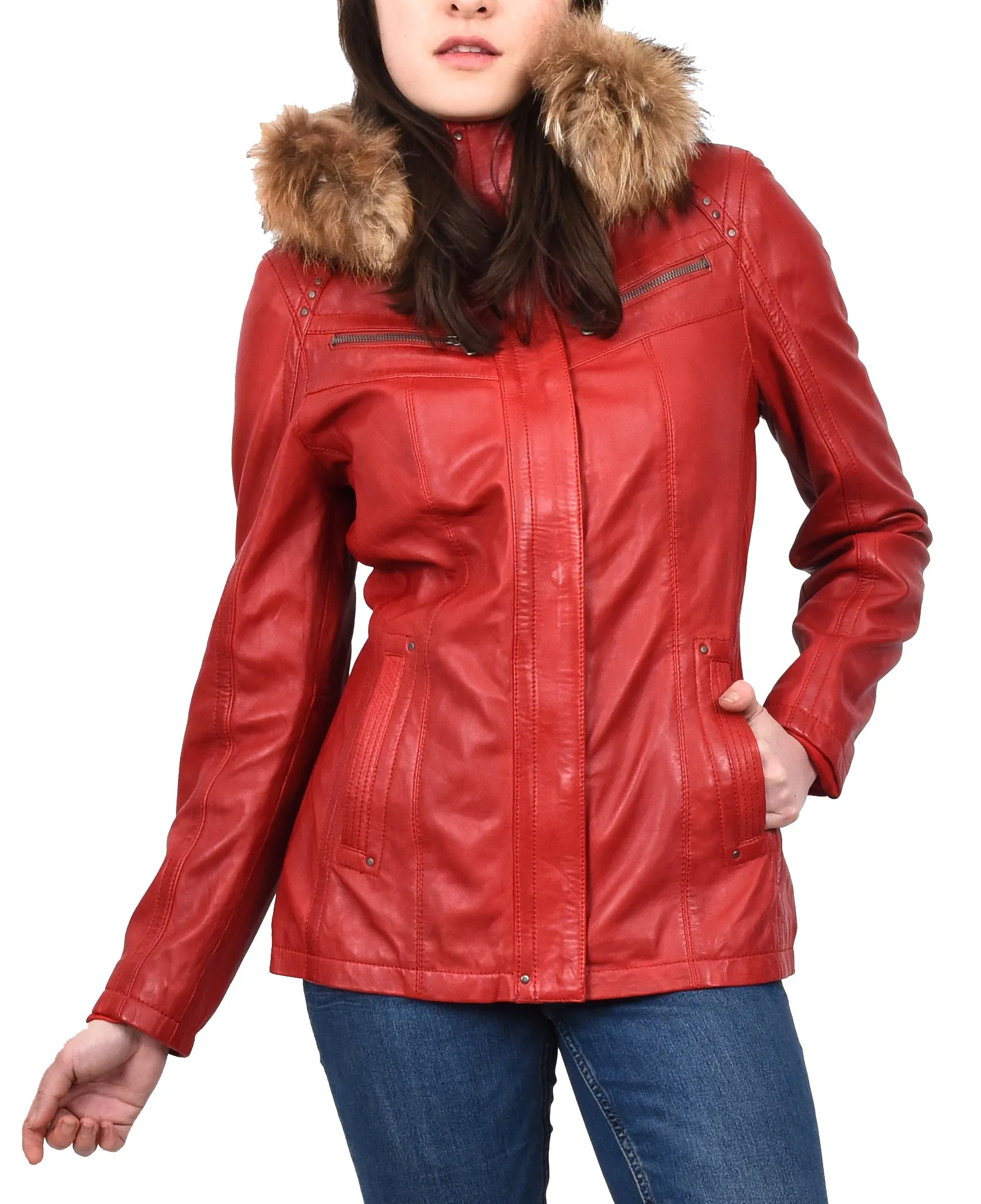 Women's Leather Jacket with Detachable Collar Red Allis