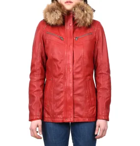 Women's Leather Jacket with Detachable Collar Red Allis