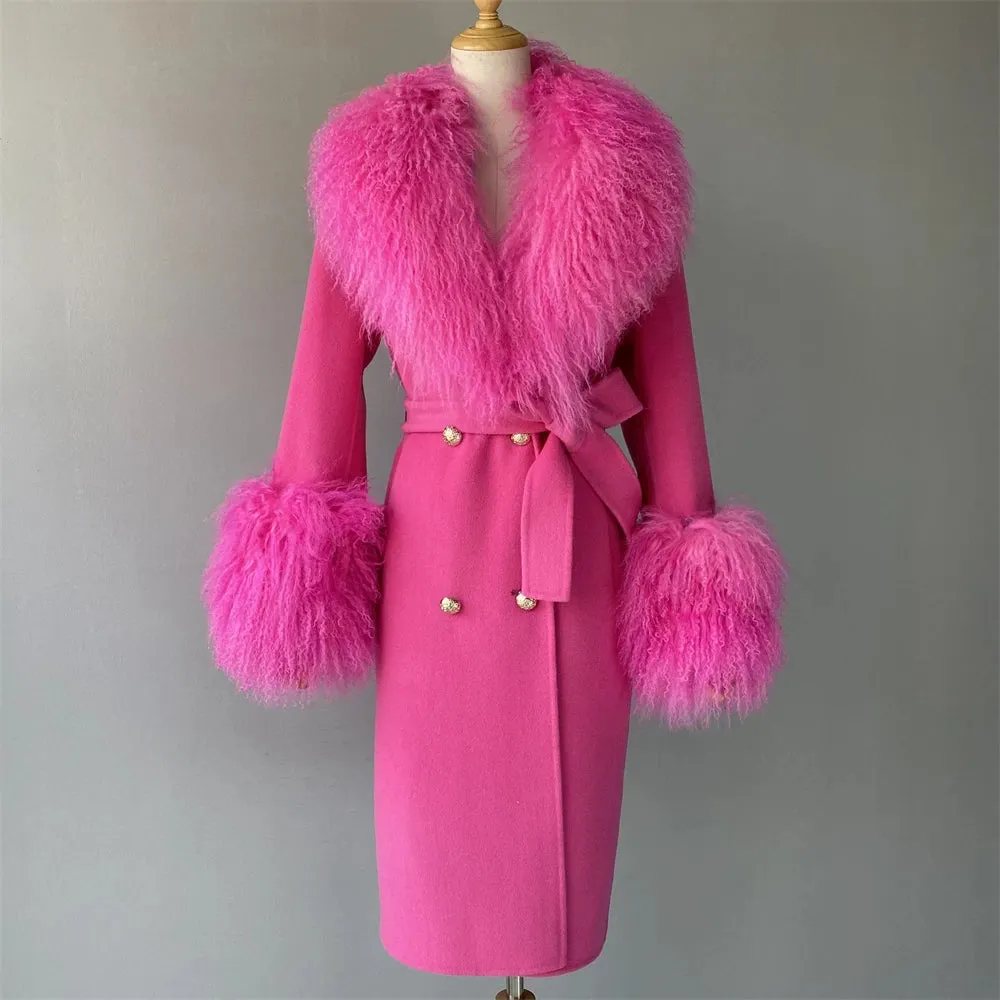 Women's Luxe Cashmere Wool and Sheep Fur Coat