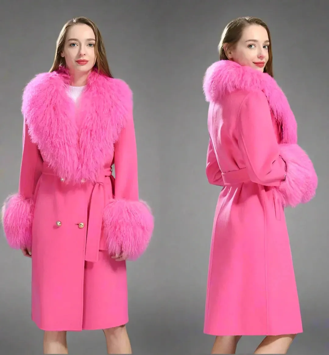 Women's Luxe Cashmere Wool and Sheep Fur Coat