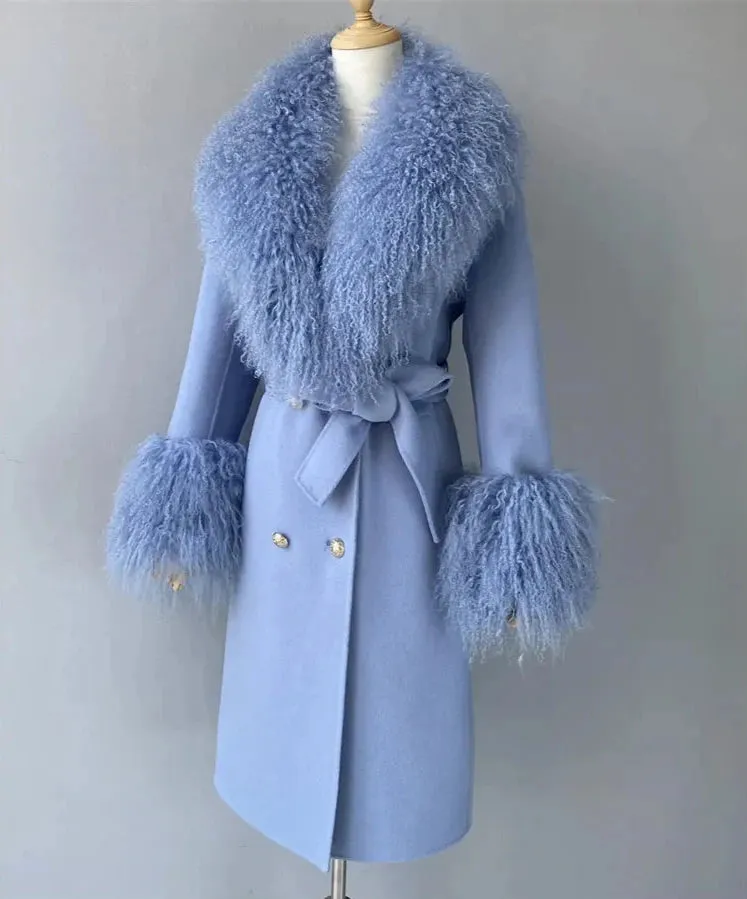 Women's Luxe Cashmere Wool and Sheep Fur Coat