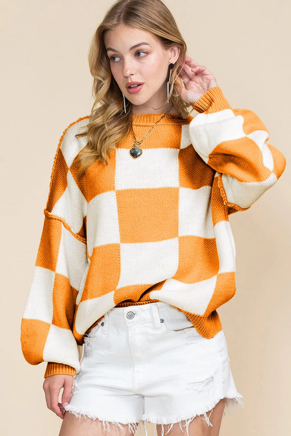 Women's Plaid Print Puff Sleeve Pullover Sweater