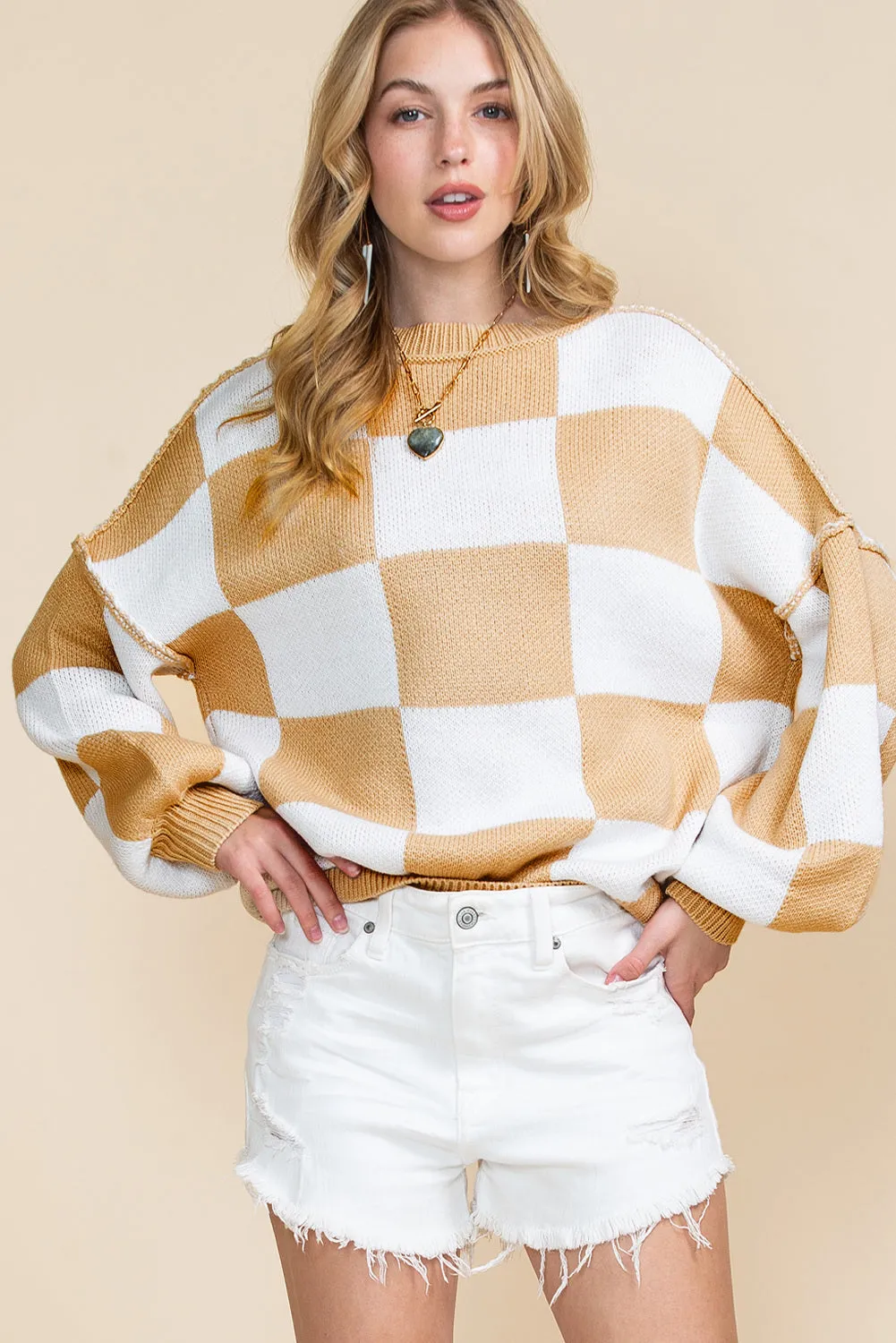 Women's Plaid Print Puff Sleeve Pullover Sweater