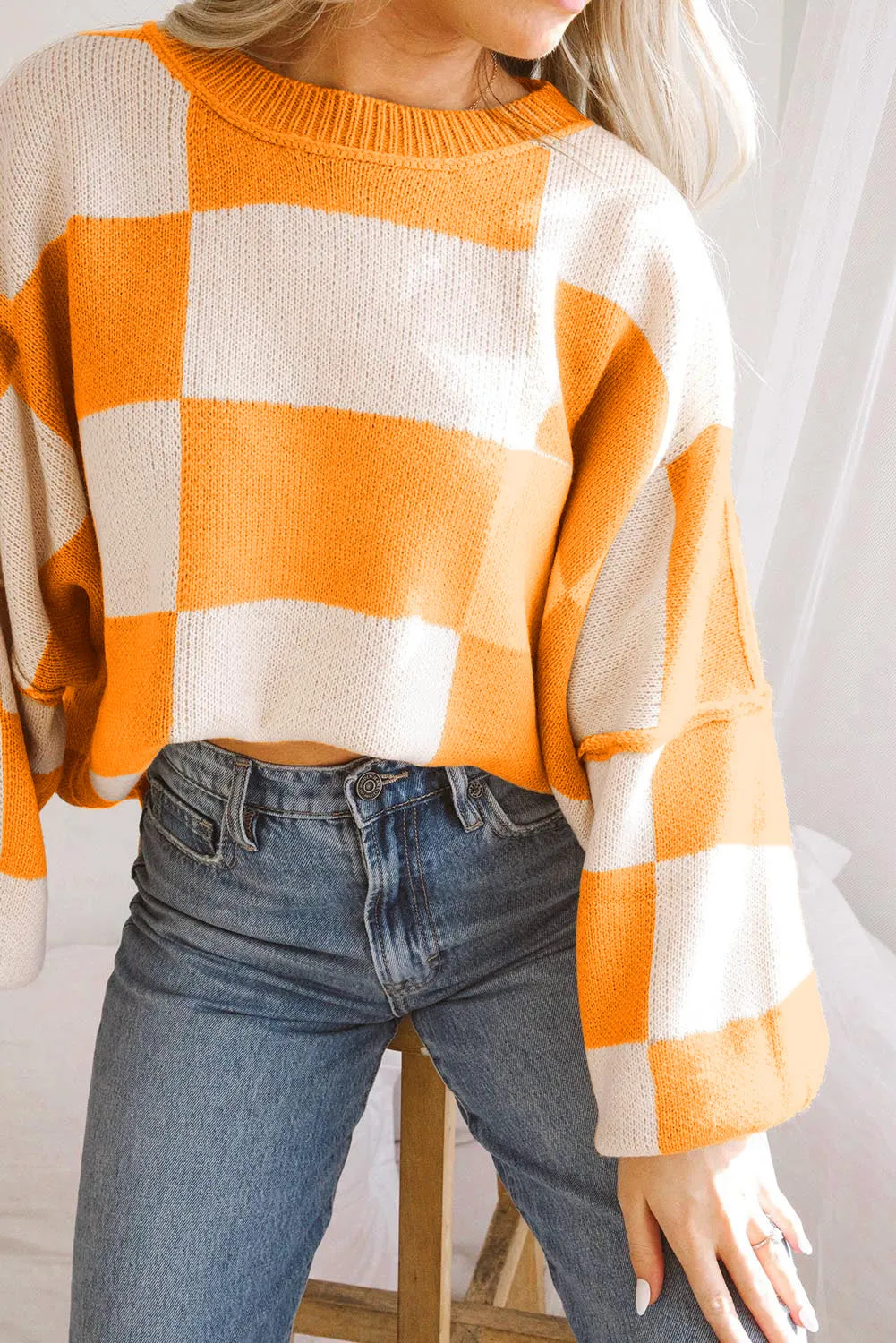 Women's Plaid Print Puff Sleeve Pullover Sweater